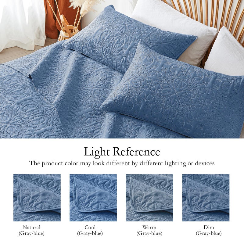 akkialla Full Queen Quilt Bedding Set for All Seasons Lightweight Bluish Grey Bedspreads Queen Size Modern Style Microfiber Soft Floral Pattern Coverlet Set(1 Quilt 2 Pillow Shams) - Image 4